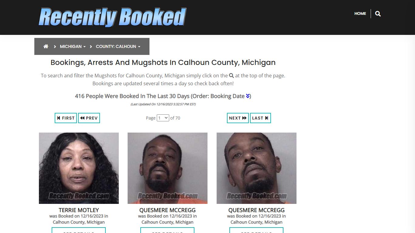 Bookings, Arrests and Mugshots in Calhoun County, Michigan